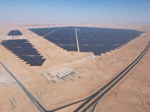 This image shows Sudair Solar PV, a $924 million project poised to become one of the largest single-contracted solar PV plants in the world and the largest of its kind in Saudi Arabia at an installed capacity of ~1,500 MW when it comes online, expected in 2024. The first project under The Public Investment Fund’s (PIF) renewable energy program, the project has recorded the second lowest cost globally for solar PV electricity production ($1.239 cents/kWh). ACWA Power led the PIF-backed development consortium, which signed a power purchase agreement with the Saudi Power Procurement Company for 25 years. Courtesy: ACWA Power