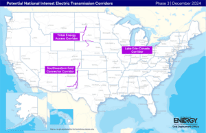 An overview of the three Phase 3 NIETC designations—Lake Erie-Canada, Southwestern Grid Connector, and Tribal Energy Access—marking critical areas for grid expansion to improve reliability, resilience, and clean energy integration. Source: DOE, Dec. 16, 2024
